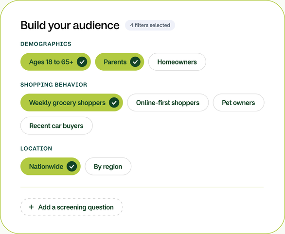 Audience builder showing demographic, shopping-behavior and location filters