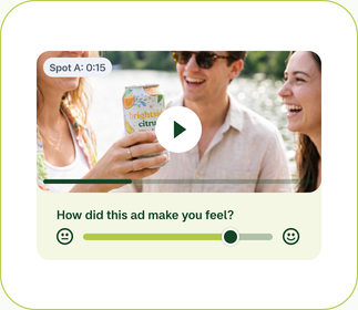 Video ad preview with a play button and a slider asking “How did this ad make you feel?”