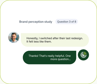 Brand perception study chat: a panelist says they switched after a redesign and the researcher thanks them